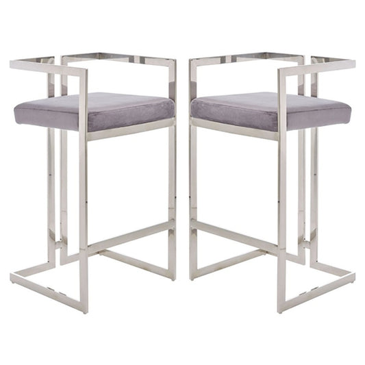 Amberley Grey Velvet Bar Stools With Silver Frame In Pair