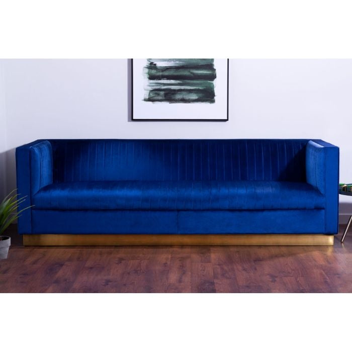 Oleta Velvet 3 Seater Sofa In Deep Blue With Gold Stainless Steel Base