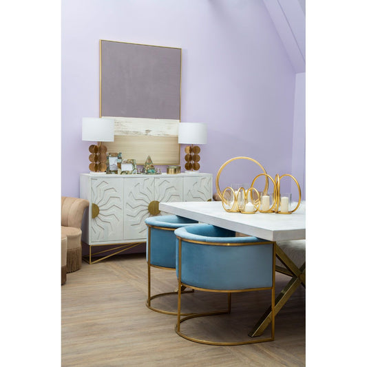 Sadras Wooden Dining Table In Whitewash With Antique Brass Iron Legs