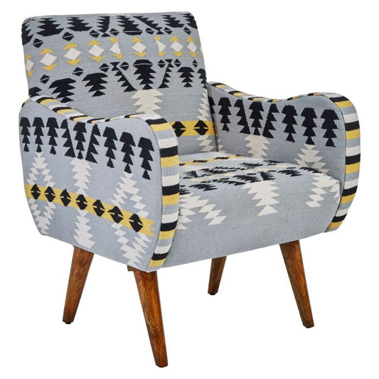 Clutton Fabric Bedroom Chair In Grey Multi-Colour With Mango Wood Legs