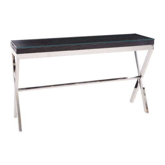 Kera Glass Console Table In Black With Cross Metal Base