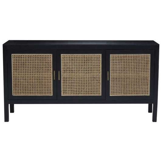 Consett Nordic Style Rattan Sideboard In Black With 3 Doors