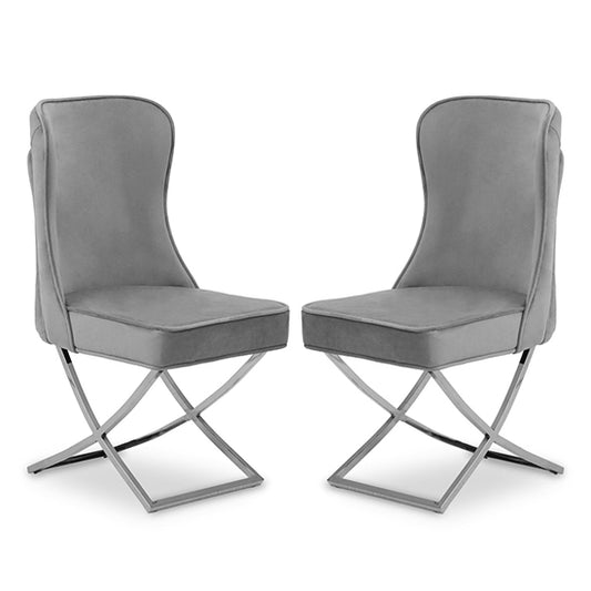 Belle Grey Velvet Dining Chairs With Chrome Metal Legs In Pair