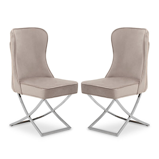Belle Natural Velvet Dining Chairs With Chrome Metal Legs In Pair
