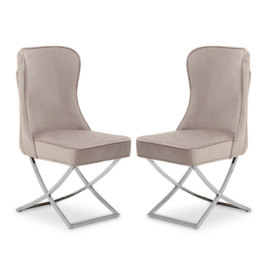 Belle Natural Velvet Dining Chairs With Chrome Metal Legs In Pair