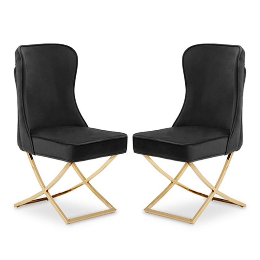 Belle Black Velvet Dining Chairs With Gold Metal Legs In Pair