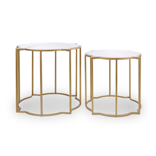 Rabia White Marble Quatrefoil TopSet Of 2 Side Tables With Brass Base