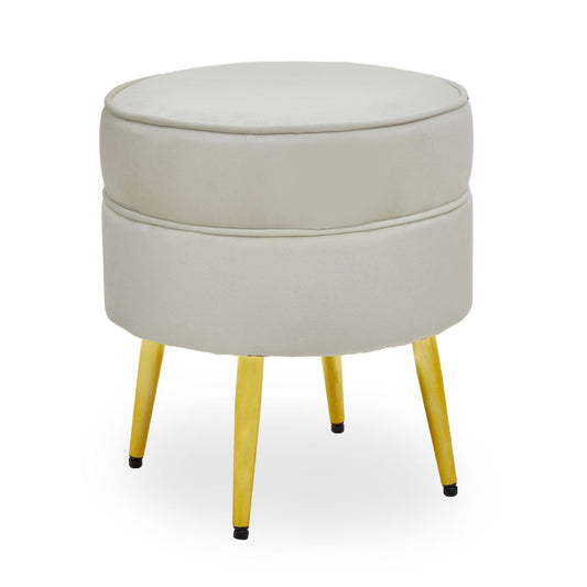 Tamra Round Velvet Footstool In Cream With Gold Angular Metal Legs