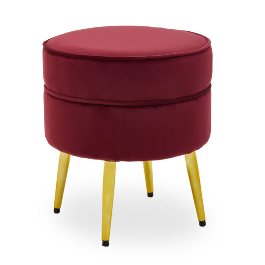 Tamra Round Velvet Footstool In Wine With Gold Angular Metal Legs