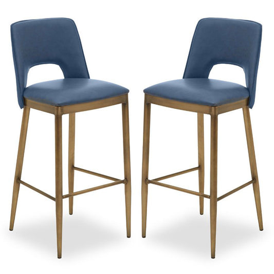 Gilden Blue Leather Effect Bar Chairs With Brass Legs In Pair