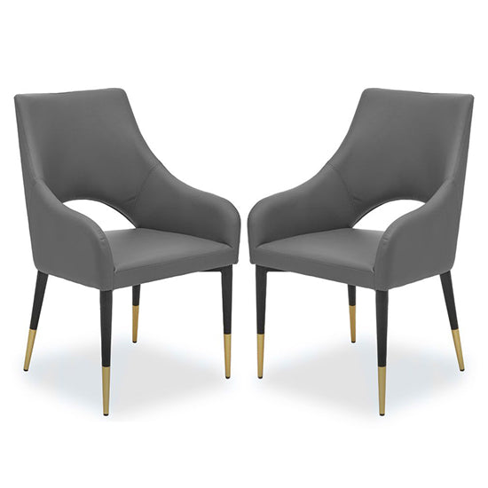 Gilden Grey Leatherette Effect Dining Chairs With Brass Metal Legs In Pair