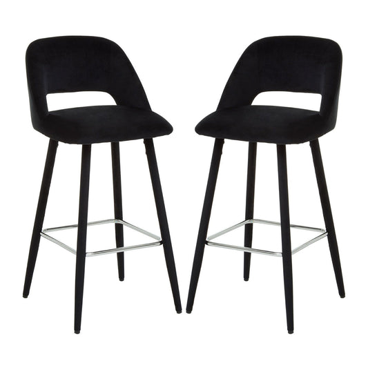 Warren Black Velvet Bar Chairs With Silver Metal Footrest In Pair