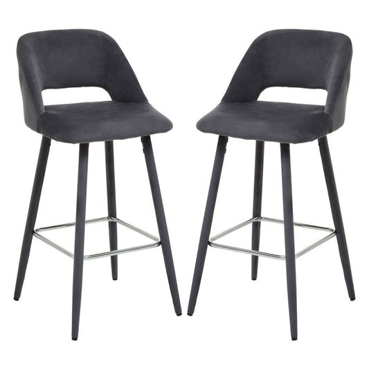 Warren Grey Velvet Bar Chairs With Silver Metal Footrest In Pair