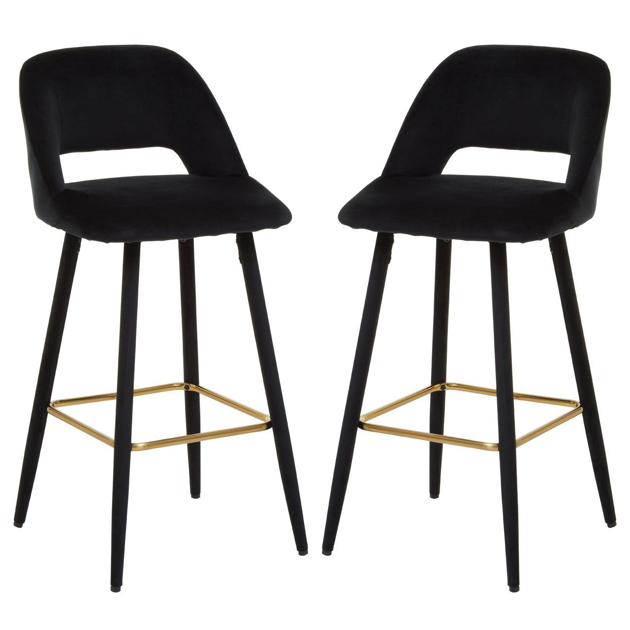 Warren Black Velvet Bar Chairs With Gold Metal Footrest In Pair