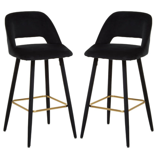 Warren Black Velvet Bar Chairs With Gold Metal Footrest In Pair
