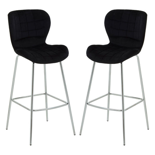 Warton Black Velvet Bar Chairs With Silver Metal Legs In Pair