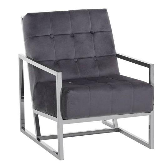 Hana Velvet Fabric Armchair In Grey With Silver Stainless Steel Frame