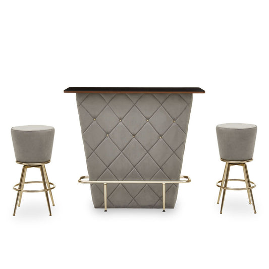 Presley Wooden Bar Table With 2 Grey Velvet Stools
