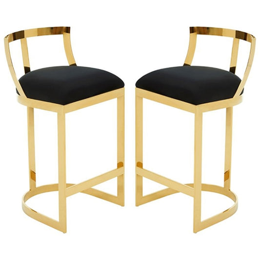 Amberley Black Velvet Bar Chairs With Gold Metal Base In Pair