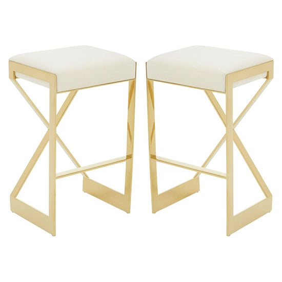 Amberley Ivory Velvet Bar Stools With Gold Metal Base In Pair