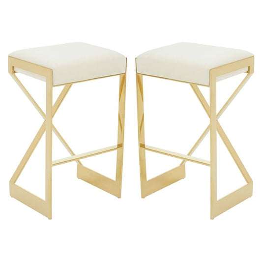 Amberley Ivory Velvet Bar Stools With Gold Metal Base In Pair