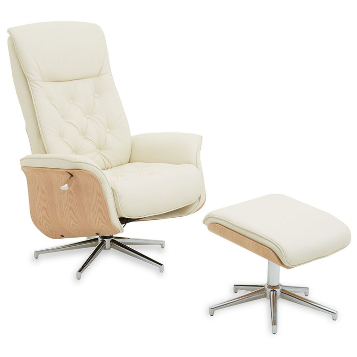 Warrington Fabric Recliner And Footstool In Ivory Leather Effect