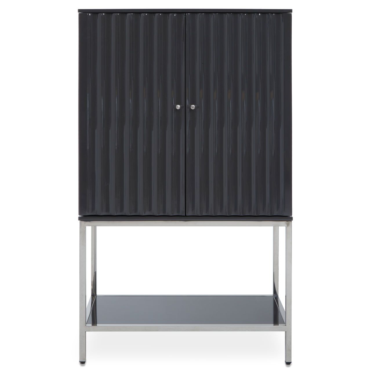 Genoa Wooden Drinks Cabinet In Grey Gloss With Polished Silver Frame