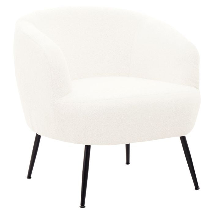 Yazmin Curved Fabric Armchair In Plush White With Black Metal Legs