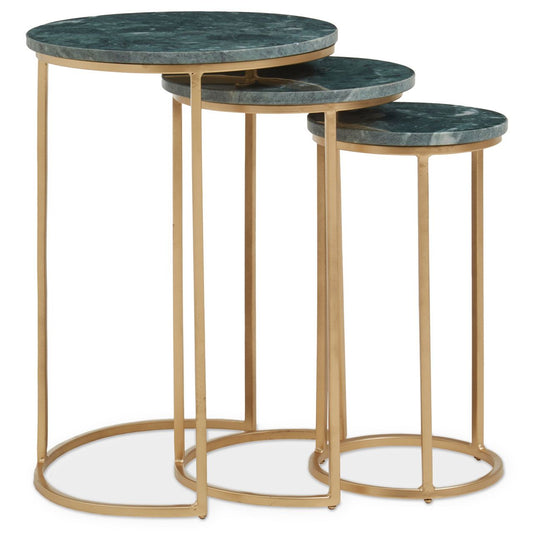 Mandoli Marble Top Nest Of 3 Tables In Green With Gold Metal Frame