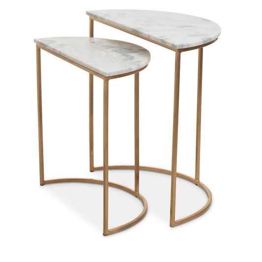 Mandoli Marble Top Nest Of 2 Side Tables In White With Gold Metal Frame