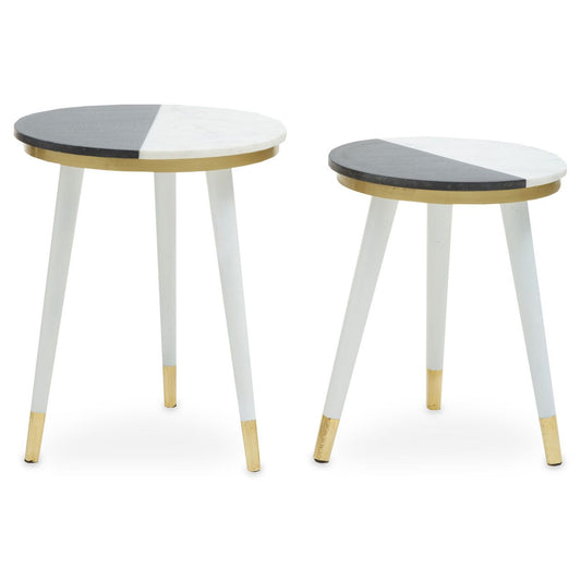 Nirav Marble Set Of 2 Side Table In Black And White
