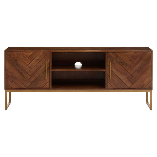 Gaya Large Mango Wood TV Stand In Herringbone Patterned With 2 Doors