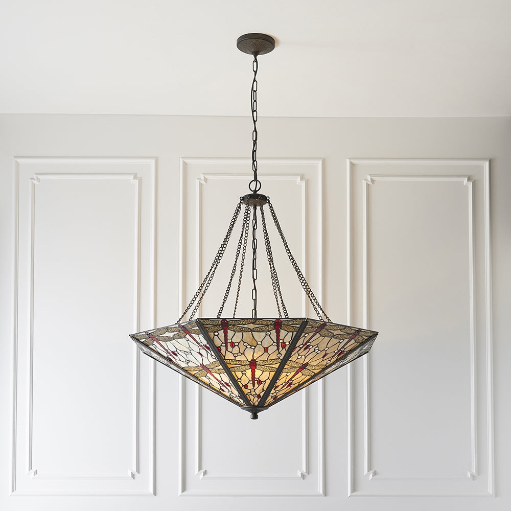 Dragonfly Tiffany Glass Inverted 8 Lights Ceiling Pendant Ligh In Dark Bronze