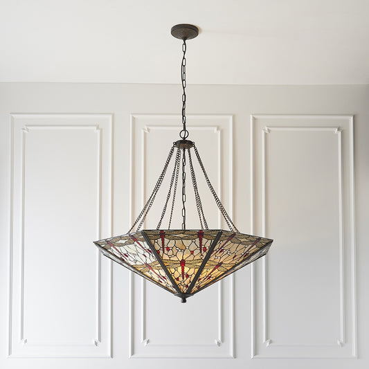 Dragonfly Tiffany Glass Inverted 8 Lights Ceiling Pendant Ligh In Dark Bronze