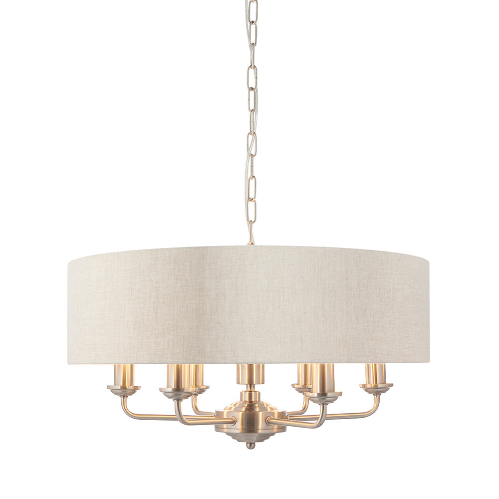Highclere 6 Lights Natural Linen Shade Ceiling Pendant Light In Brushed Chrome