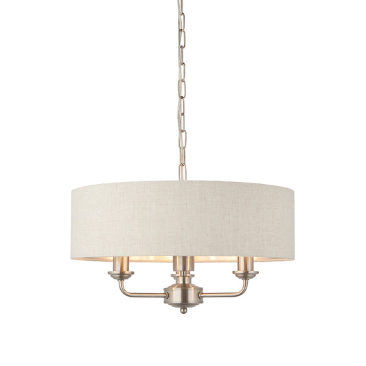 Highclere 3 Lights Natural Linen Shade Ceiling Pendant Light In Brushed Chrome