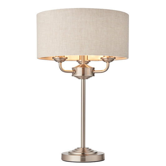 Highclere 3 Lights Natural Linen Shade Table Lamp In Brushed Chrome