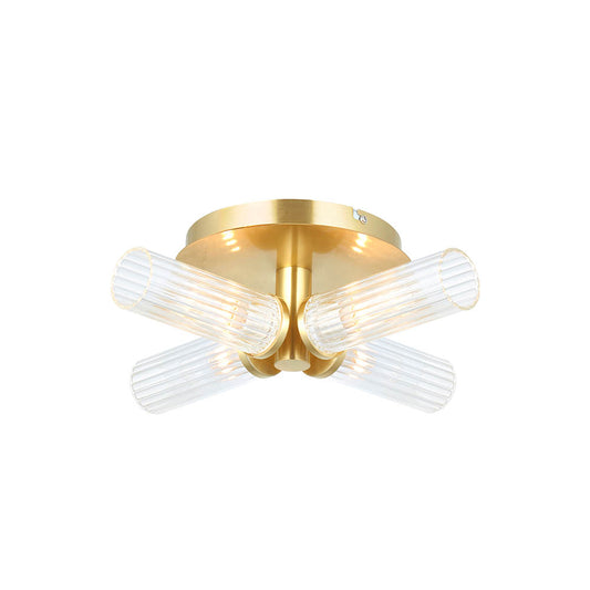Talo 4 Lights Clear Ribbed Cylindrical Glass Semi Flush Ceiling Light In Satin Brass