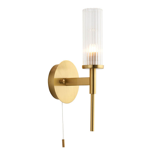 Talo Clear Ribbed Cylindrical Glass Wall Light In Satin Brass
