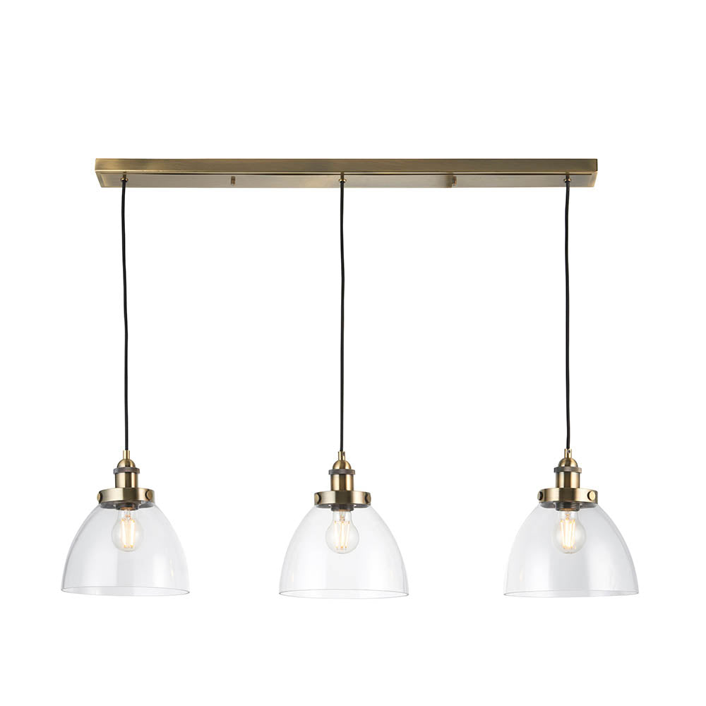Hansen 3 Lights Clear Glass Shades Linear Pendant Light In Antique Brass