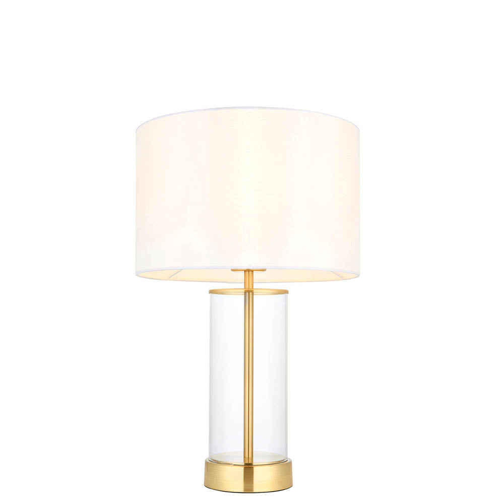 Lessina Small Vintage White Fabric Drum Shade Touch Table Lamp In Satin Brass