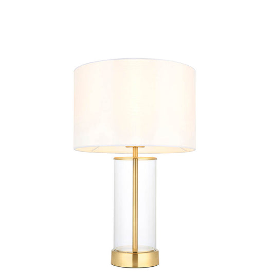 Lessina Small Vintage White Fabric Drum Shade Touch Table Lamp In Satin Brass