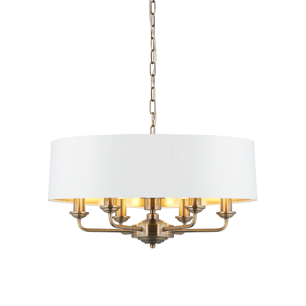 Highclere 6 Lights Vintage White Linen Shade Ceiling Pendant Light In Antique Brass