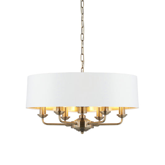 Highclere 6 Lights Vintage White Linen Shade Ceiling Pendant Light In Antique Brass