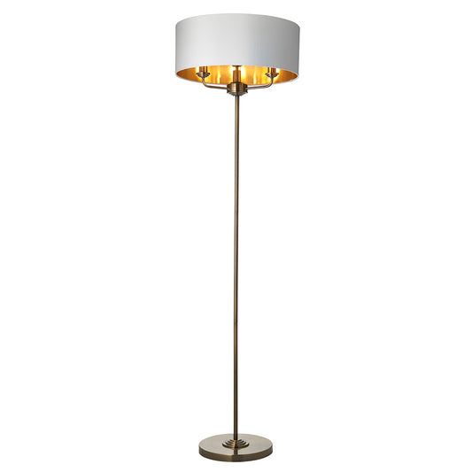 Highclere 3 Lights Vintage White Fabric Shade Floor Lamp In Antique Brass