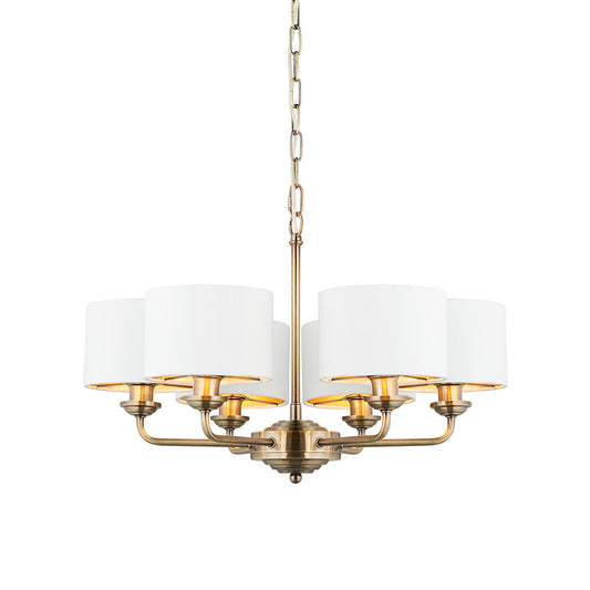 Highclere 6 Lights Vintage White Fabric Shade Ceiling Pendant Light In Antique Brass