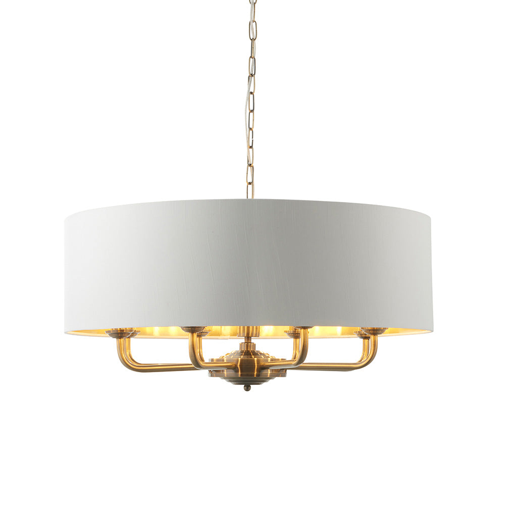 Highclere 8 Lights Vintage White Linen Shade Ceiling Pendant Light In Antique Brass