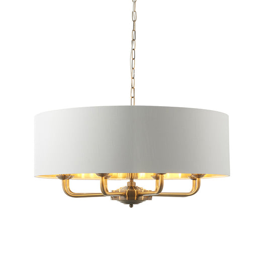 Highclere 8 Lights Vintage White Linen Shade Ceiling Pendant Light In Antique Brass
