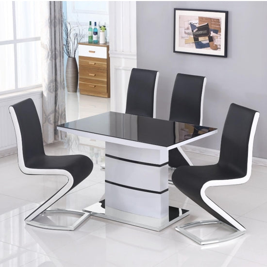 Aldridge Small Black Glass Top Dining Table In White High Gloss With 4 Chairs