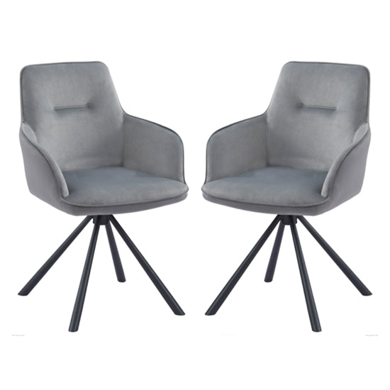 Amalia Swivel Grey French Velvet Upholstered Dining Chairs In Pair